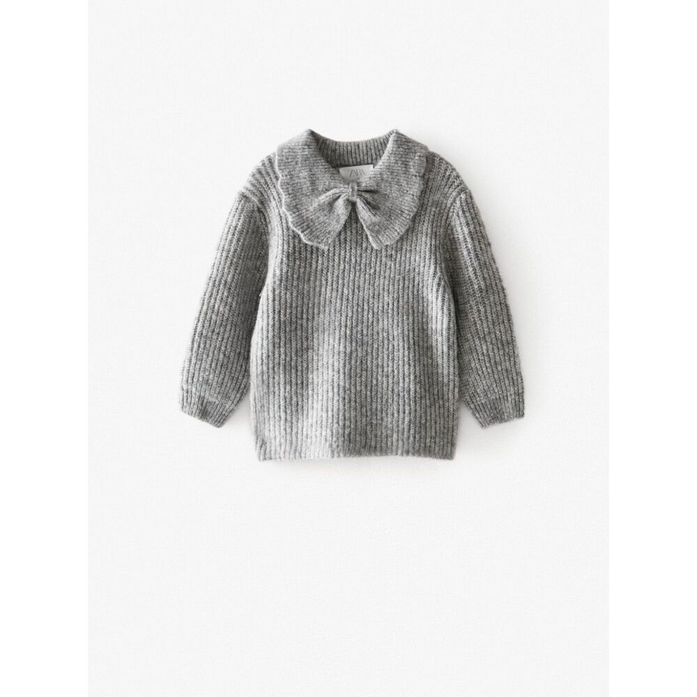 Zara Kids Chunky Knit Bow Grey Sweater Size 9-10